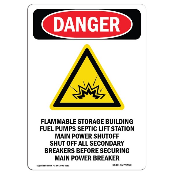 Safety Sign, OSHA Danger, 24" Height, Rigid Plastic, Flammable Storage, Portrait